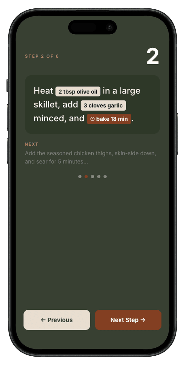 Mesa cook mode showing a single step with inline ingredient amounts