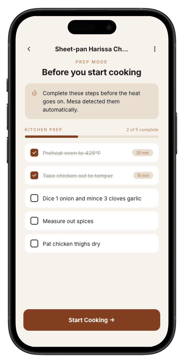 Mesa prep mode with an auto-generated kitchen prep checklist
